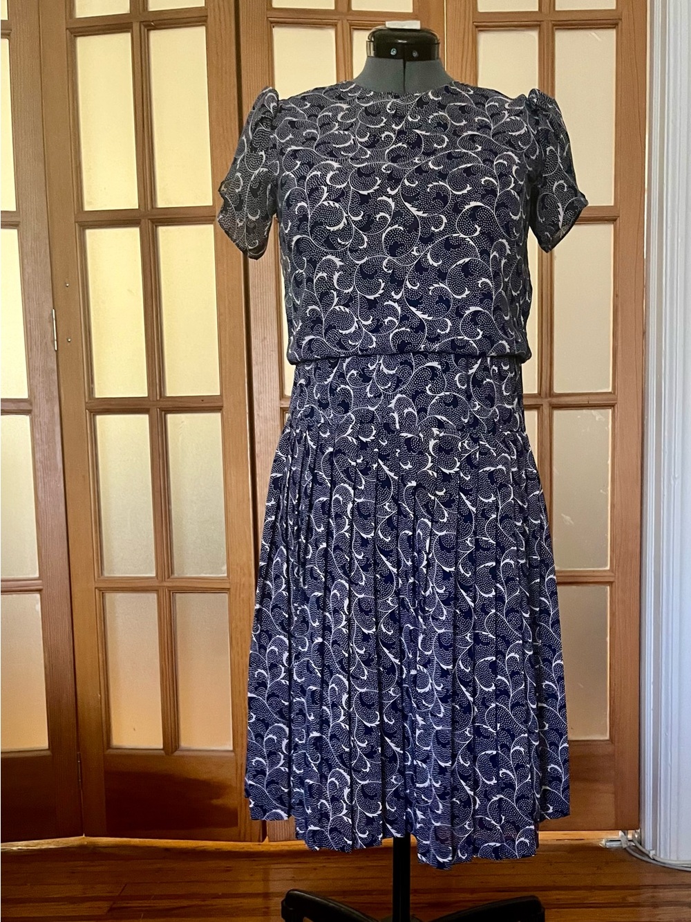 Vintage Navy and White Paisley Pleated Dress with Tulip Sleeves
